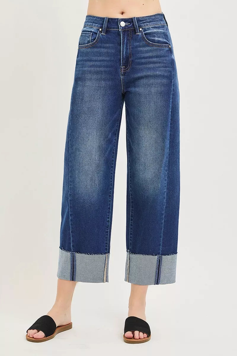 RISEN Relaxed Fit Cropped Barrel Jeans with Cuffed Hem